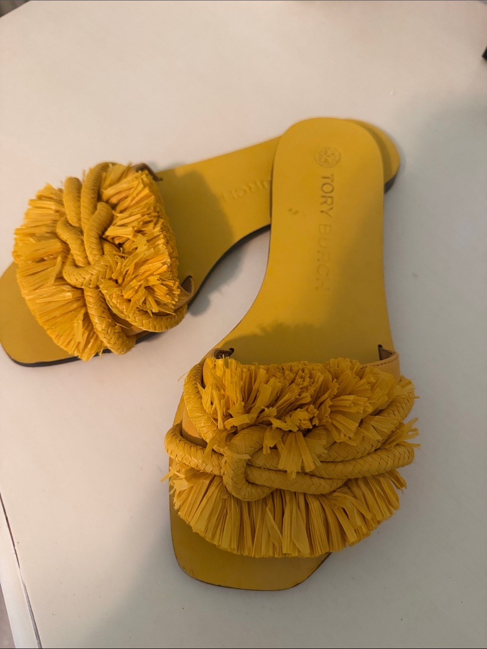Tory Burch Yellow Raffia Knot Slide Mules